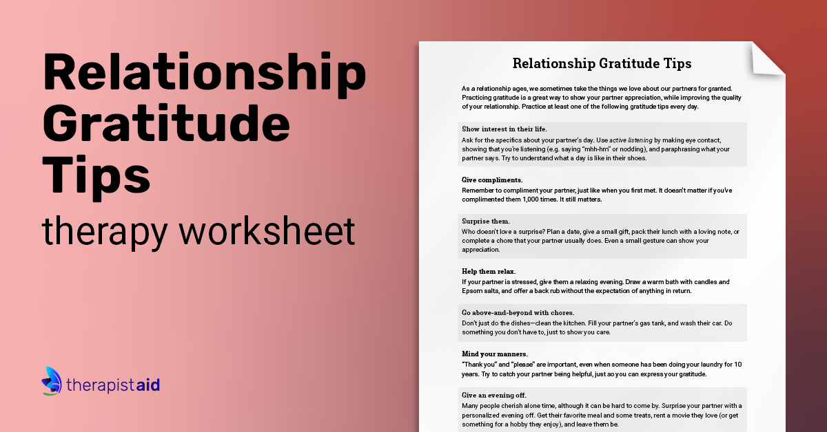 Relationship Gratitude Tips Worksheet Therapist Aid