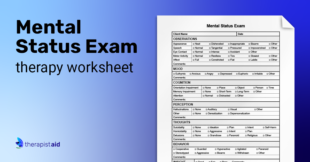 Mental Status Exam Worksheet Therapist Aid